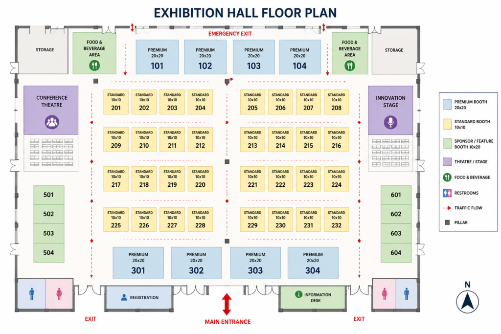 Exhibition hall floor plan with booth layout