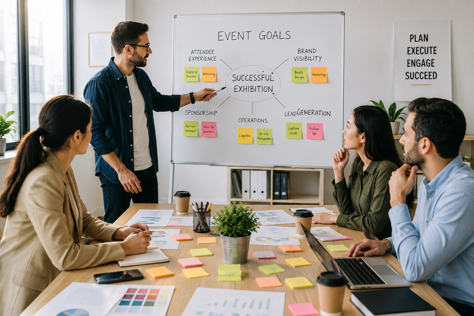Event planning team defining exhibition objectives